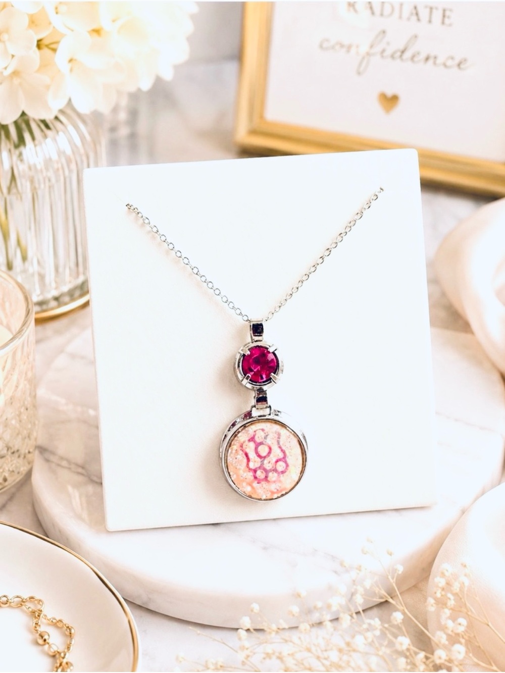 Iridescent Pink and White Hues Pendant w/Intricate Circles and Glitter Accents